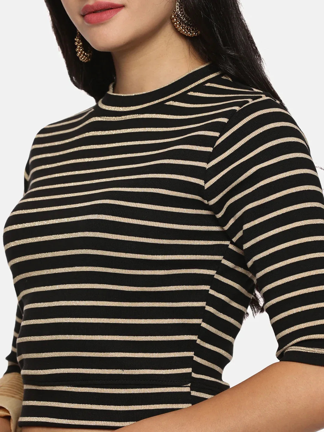 Women Yarn Dyed Stretchable Elbow Sleeve RIB Blouse U0154 - notyetbyus