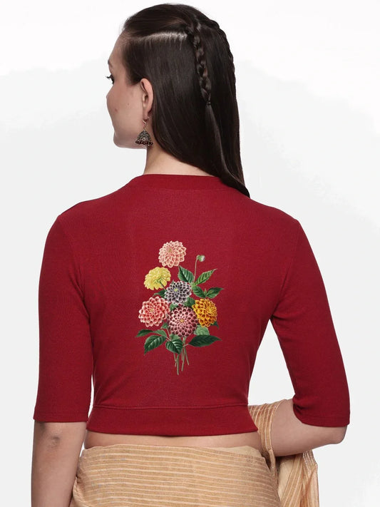 Women Back Printed Stretchable Elbow Sleeve RIB Blouse U0171 - notyetbyus