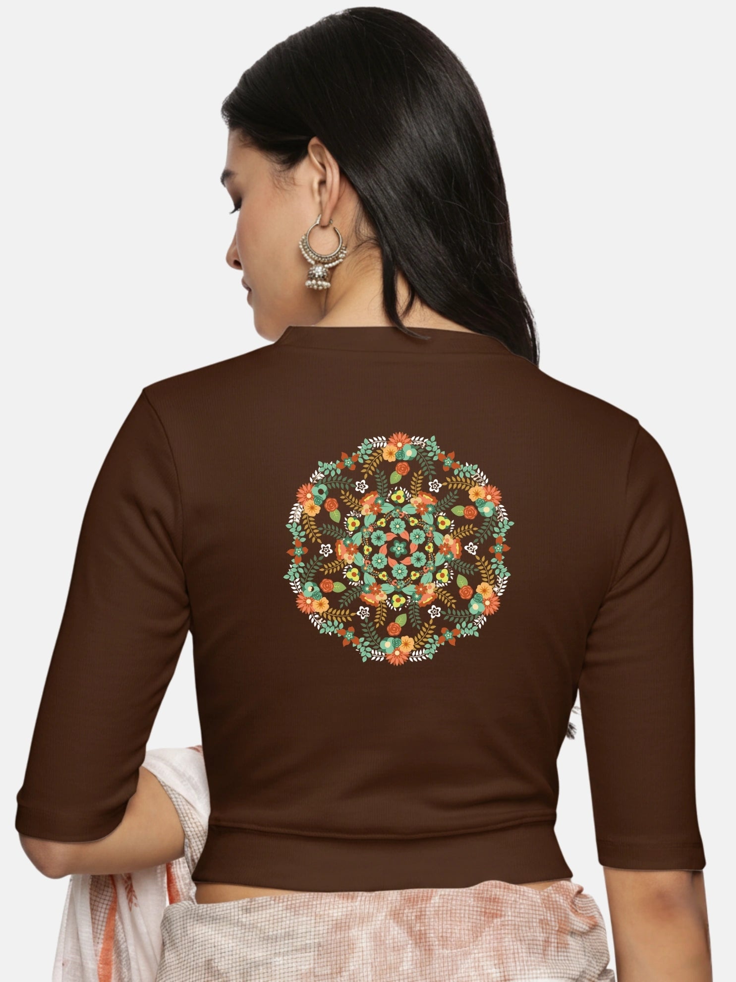 Women Back Printed Stretchable Elbow Sleeve RIB Blouse U0119 - notyetbyus