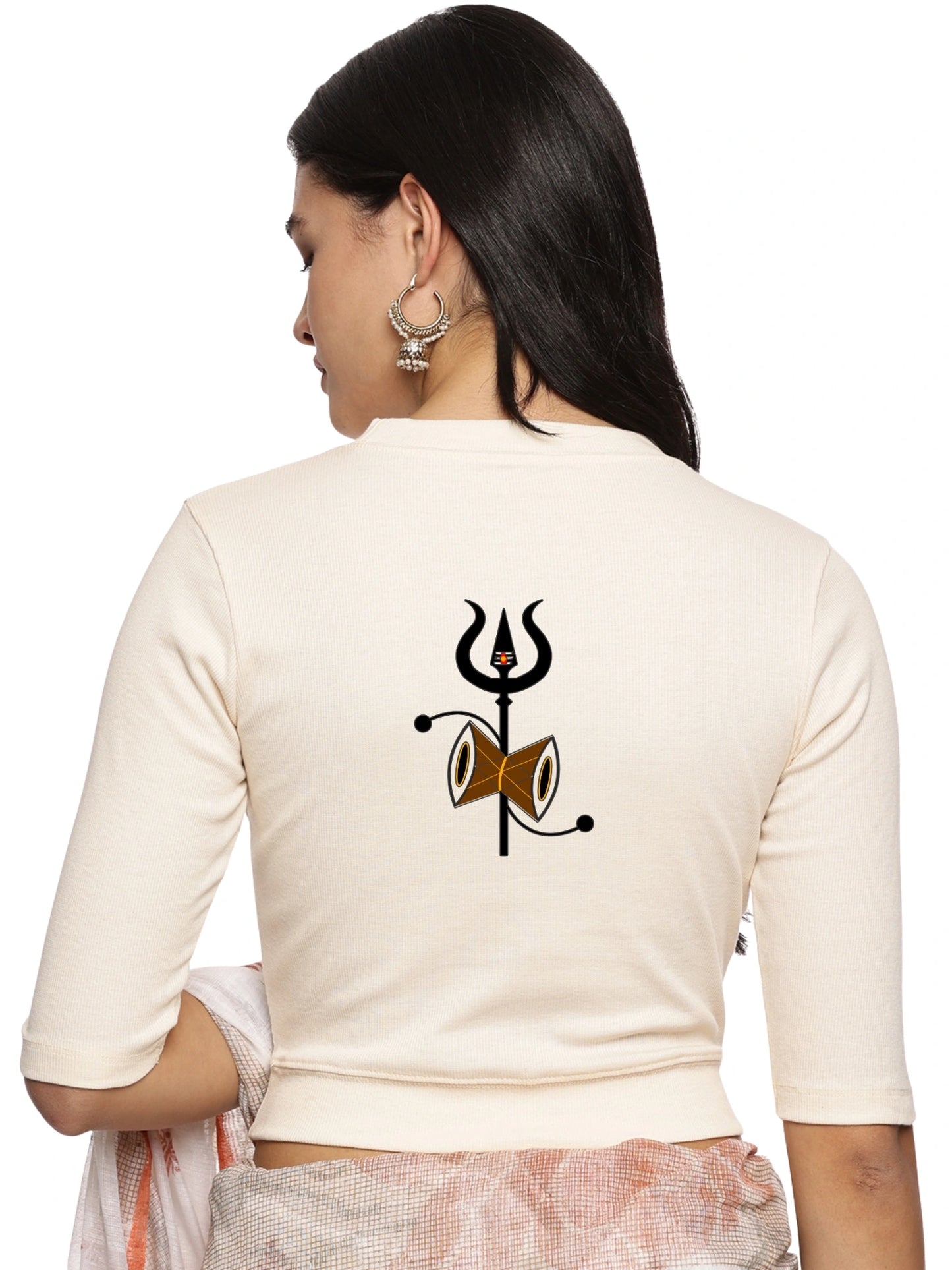 Women Back Printed Stretchable Elbow Sleeve RIB Blouse U0221 Cream