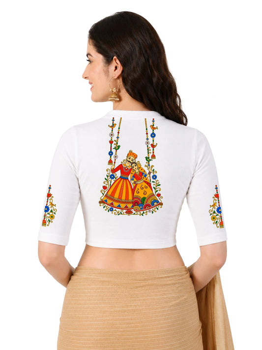 Women Mandarin Collar Back Printed Stretchable Elbow Sleeve Blouse U0267 White