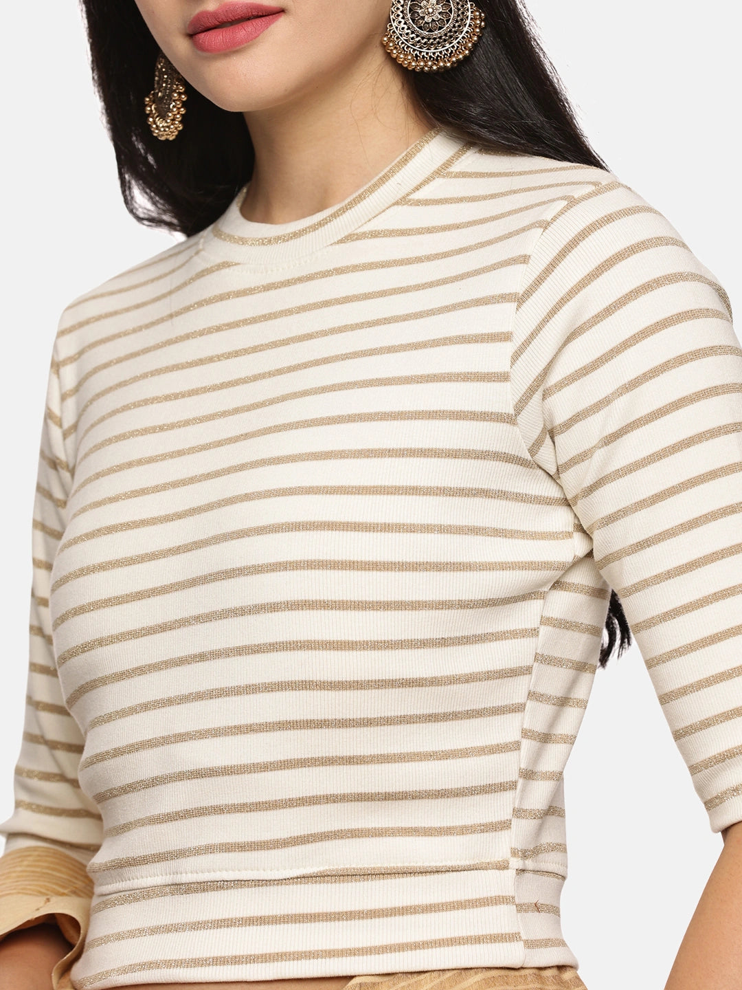 Women Yarn Dyed Stretchable Elbow Sleeve RIB Blouse U0154 - notyetbyus