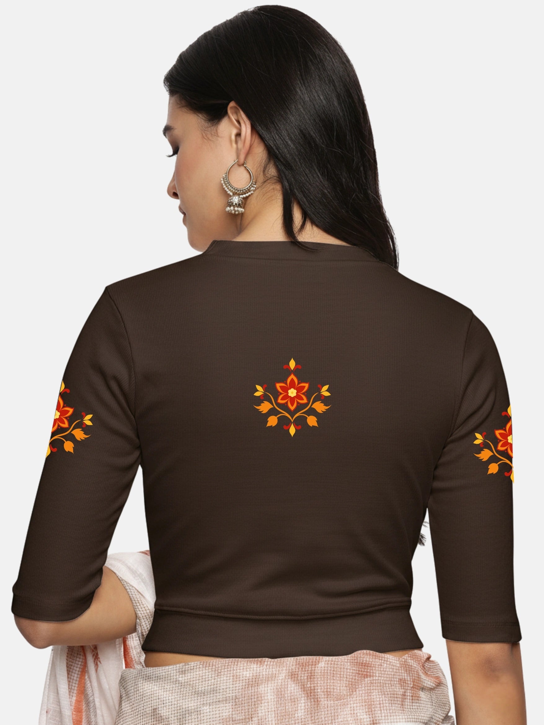 Women Back Printed Stretchable Elbow Sleeve RIB Blouse U0158 - notyetbyus