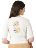 Women Stretchable Rib Square Neck Puff Sleeve Blouse Back Print U0257 Cream
