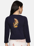 Women Three Fourth Sleeve Back Print Stretchable Blouse U0102 Navy
