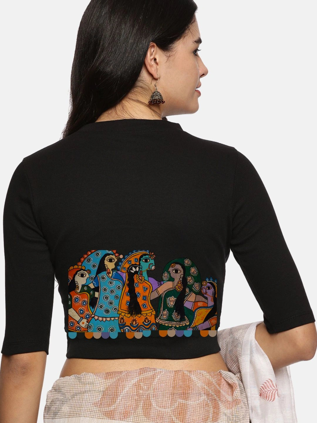 Women Back Printed Stretchable Elbow Sleeve RIB Blouse U0160