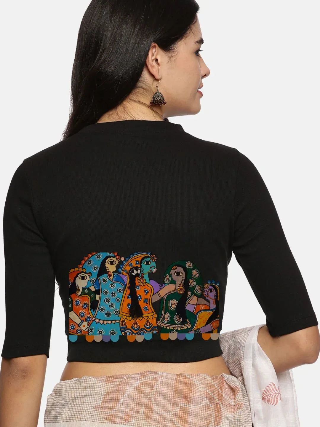 Women Back Printed Stretchable Elbow Sleeve RIB Blouse U0160 - notyetbyus