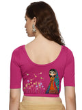 Women Back Printed Stretchable Half Sleeve Blouse U0223 Rani Pink