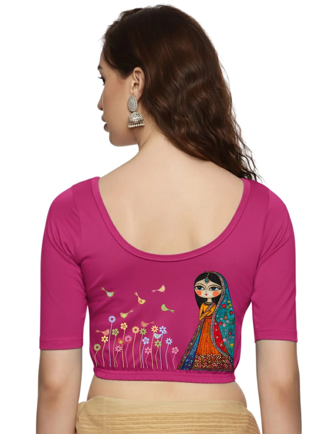 Women Back Printed Stretchable Half Sleeve Blouse U0223 Rani Pink