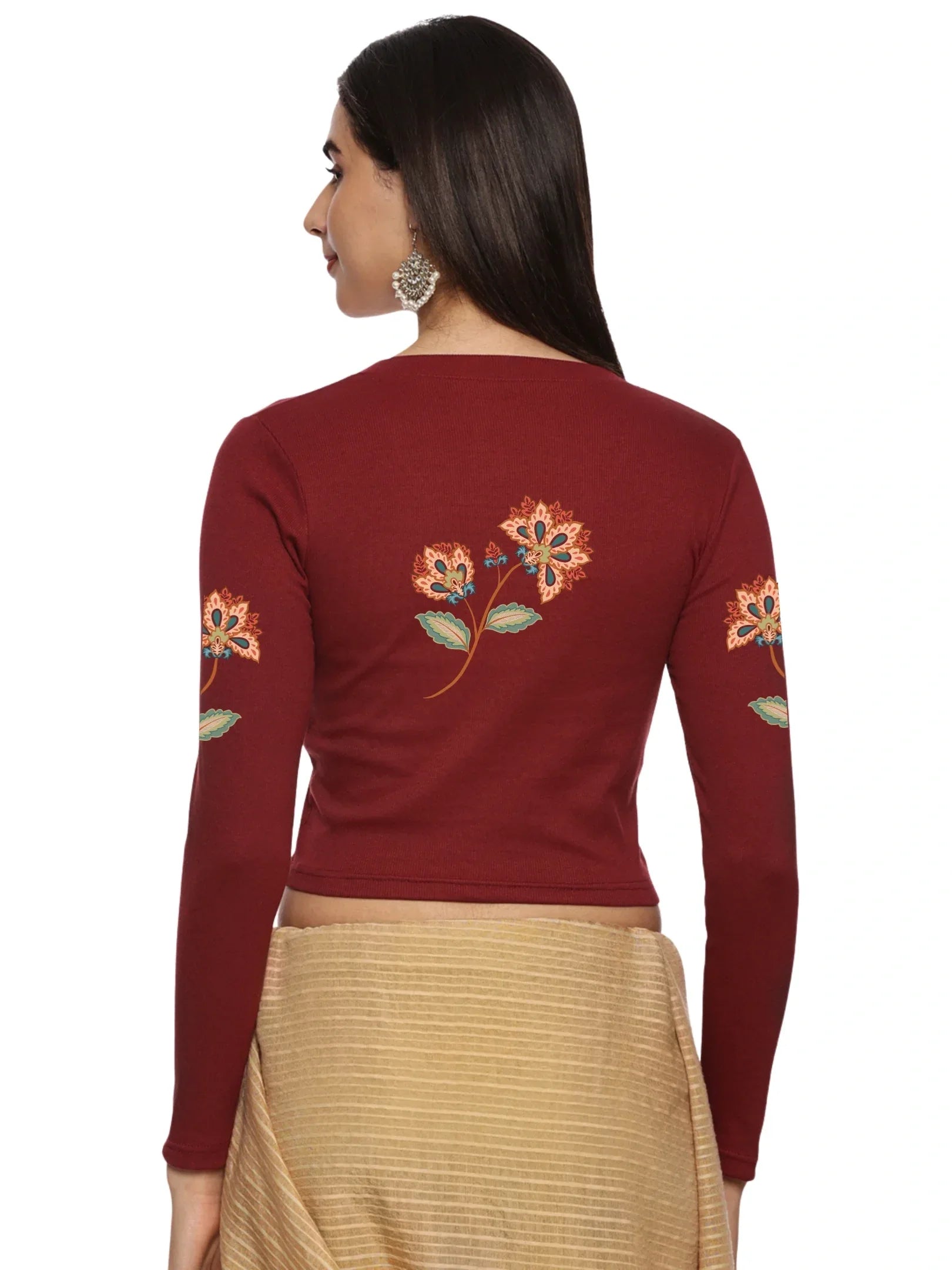 Women Back Printed Stretchable Full Sleeve V Neck RIB Blouse U0211 - notyetbyus