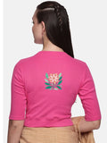 Women Back Printed Stretchable Elbow Sleeve RIB Blouse U0155 Bubble Gum Pink
