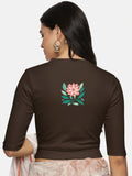 Women Back Printed Stretchable Elbow Sleeve RIB Blouse U0155 Coffee Brown