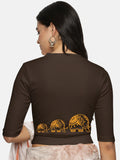 Women Back Printed Stretchable Elbow Sleeve RIB Blouse U0148 Coffee Brown