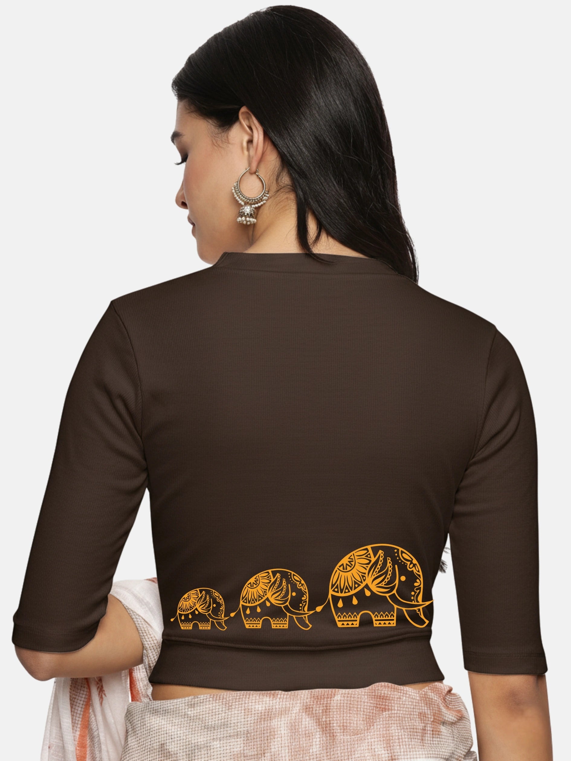 Women Back Printed Stretchable Elbow Sleeve RIB Blouse U0148 - notyetbyus