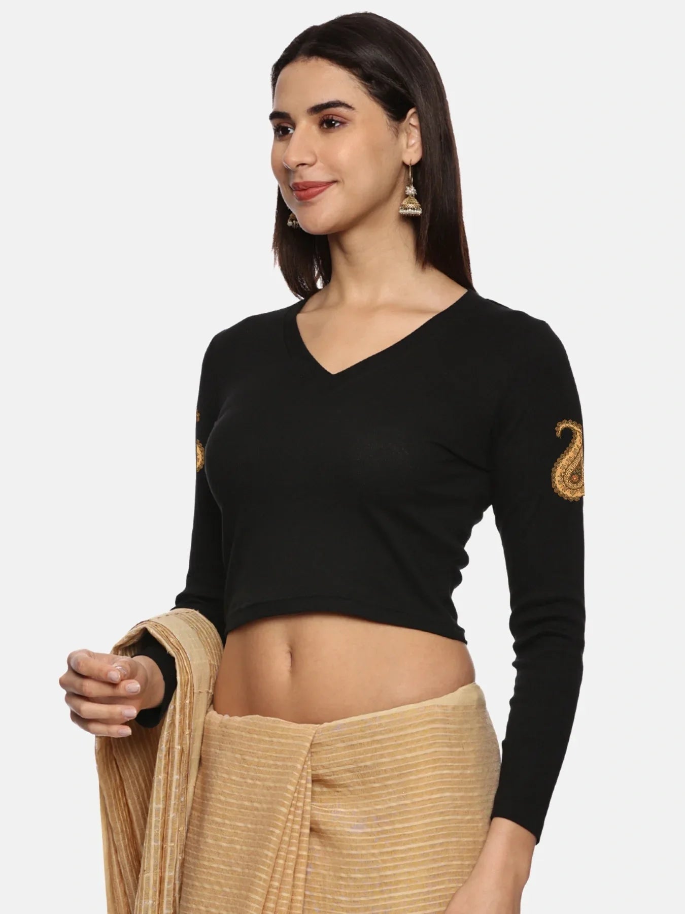 Women Back Printed Stretchable Full Sleeve V Neck RIB Blouse U0186 - notyetbyus