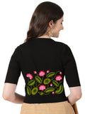 Women Stretchable Rib Square Neck Puff Sleeve Blouse Back Print U0258 Black