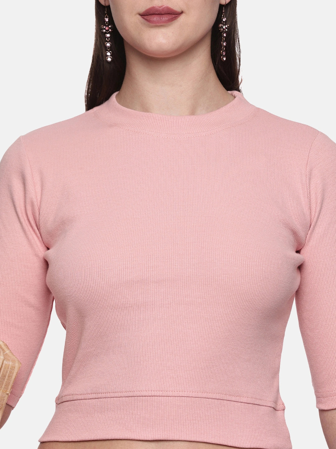 Women Plain Stretchable Elbow Sleeve RIB Blouse U0121 Blush Pink