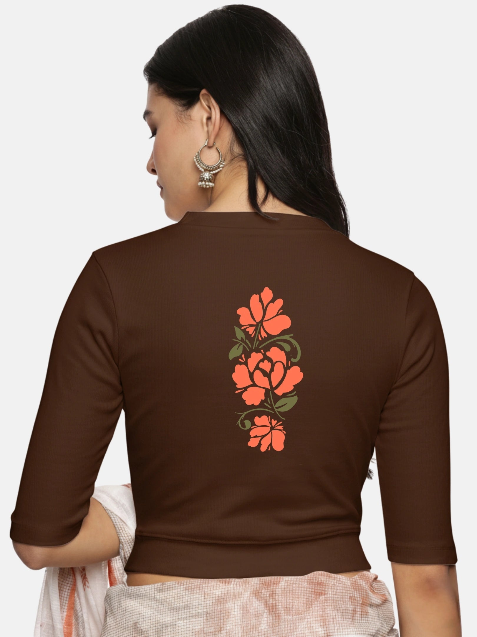 Women Back Printed Stretchable Elbow Sleeve RIB Blouse U0118 - notyetbyus