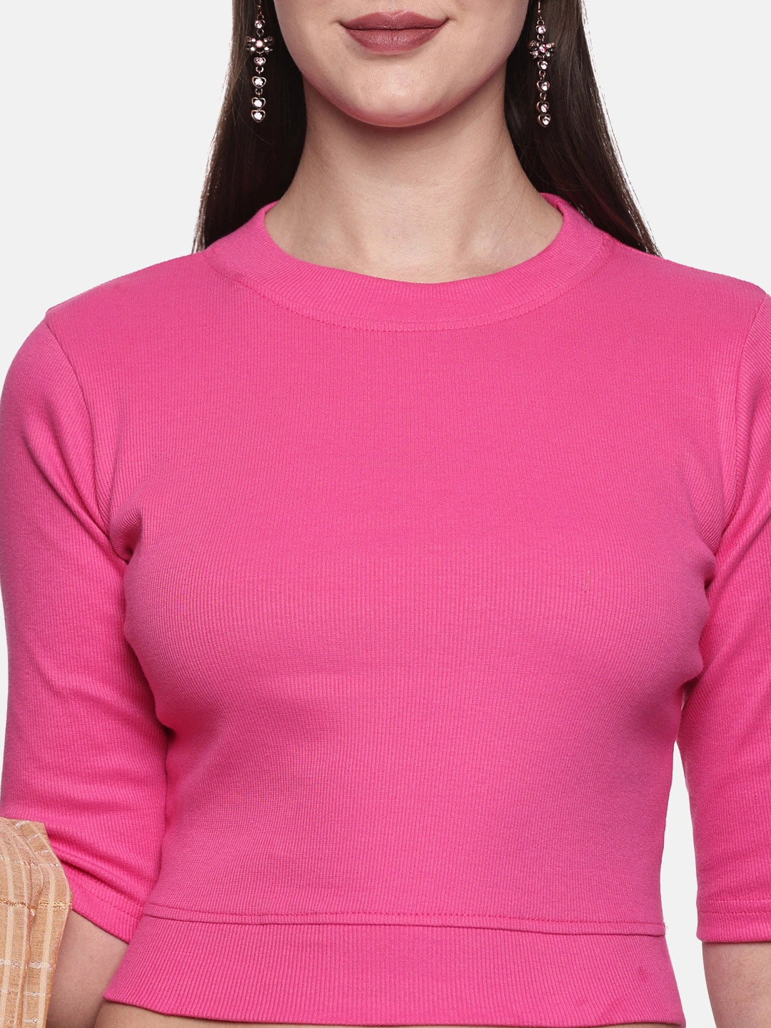 Women Plain Stretchable Elbow Sleeve RIB Blouse U0121 Bubble Gum Pink