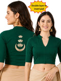 Women Mandarin Collar Back Gold Printed Stretchable Elbow Sleeve Blouse M0283 Bottle Green