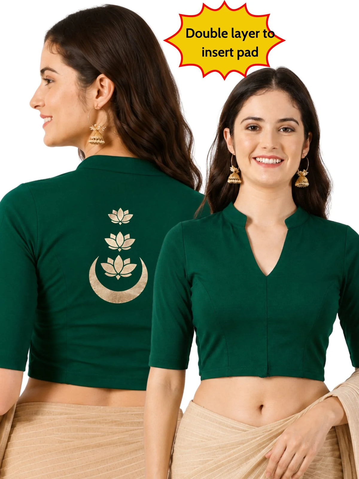 Women Mandarin Collar Back Gold Printed Stretchable Elbow Sleeve Blouse M0283 Bottle Green