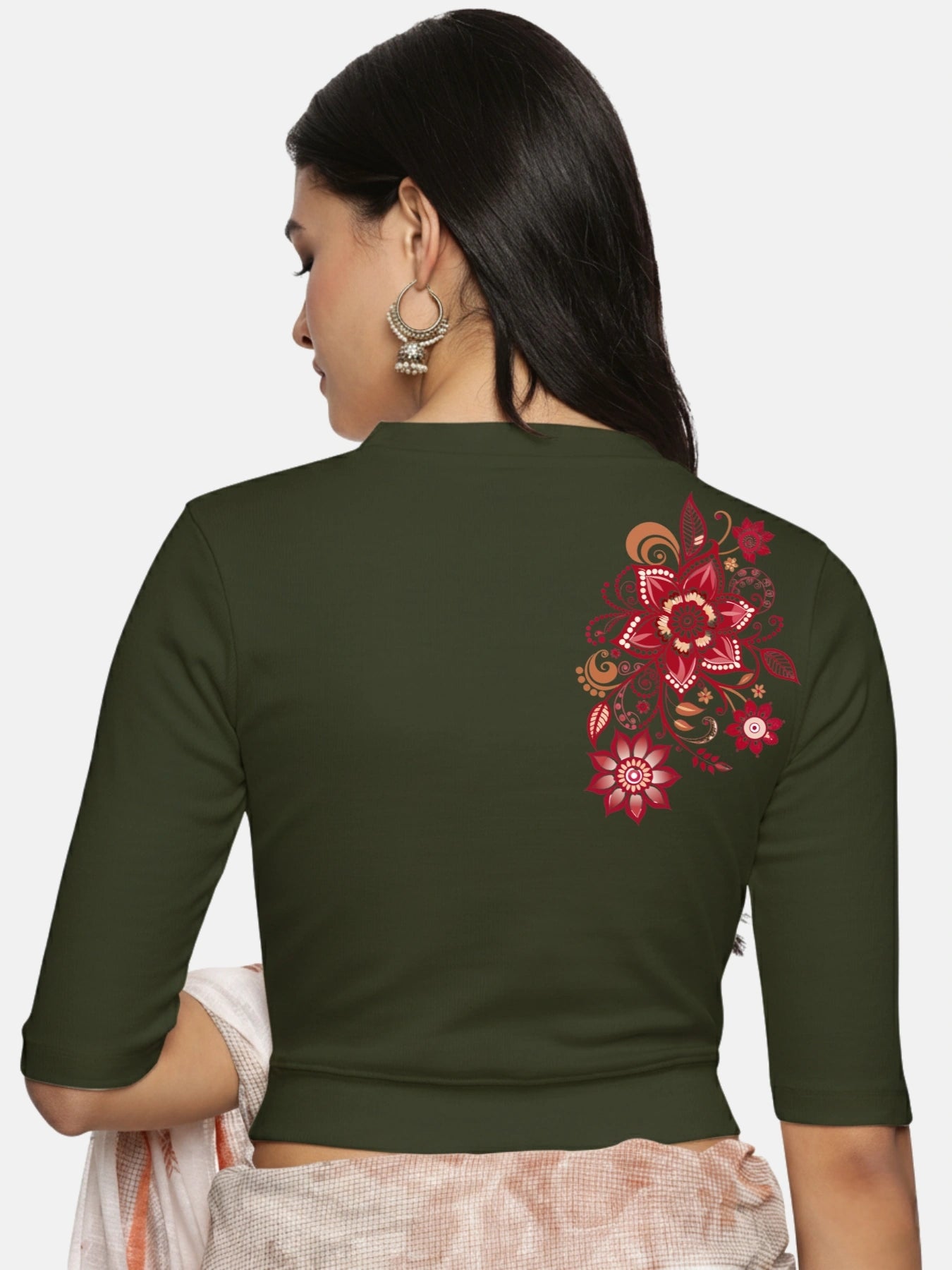 Women Back Printed Stretchable Elbow Sleeve RIB Blouse U0122 Olive Green