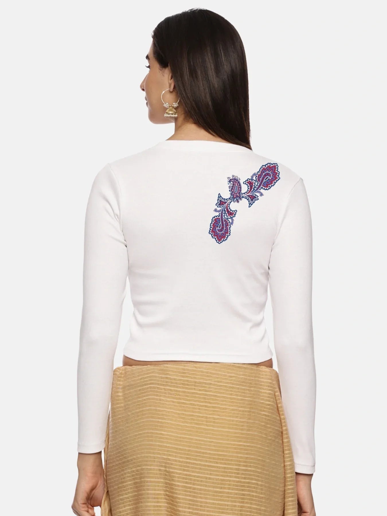Women Back Printed Stretchable Full Sleeve V Neck RIB Blouse U0217 - notyetbyus
