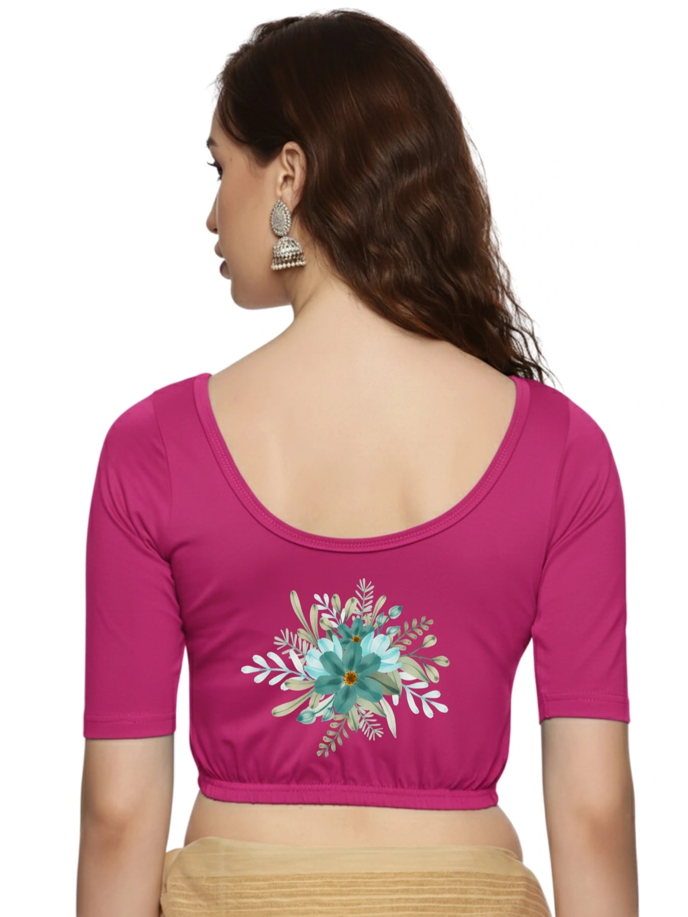 Women Back Printed Stretchable Half Sleeve Blouse U0226 Rani Pink
