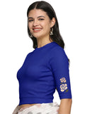 Women Back Printed Stretchable Elbow Sleeve RIB Blouse U0114 Royal Blue