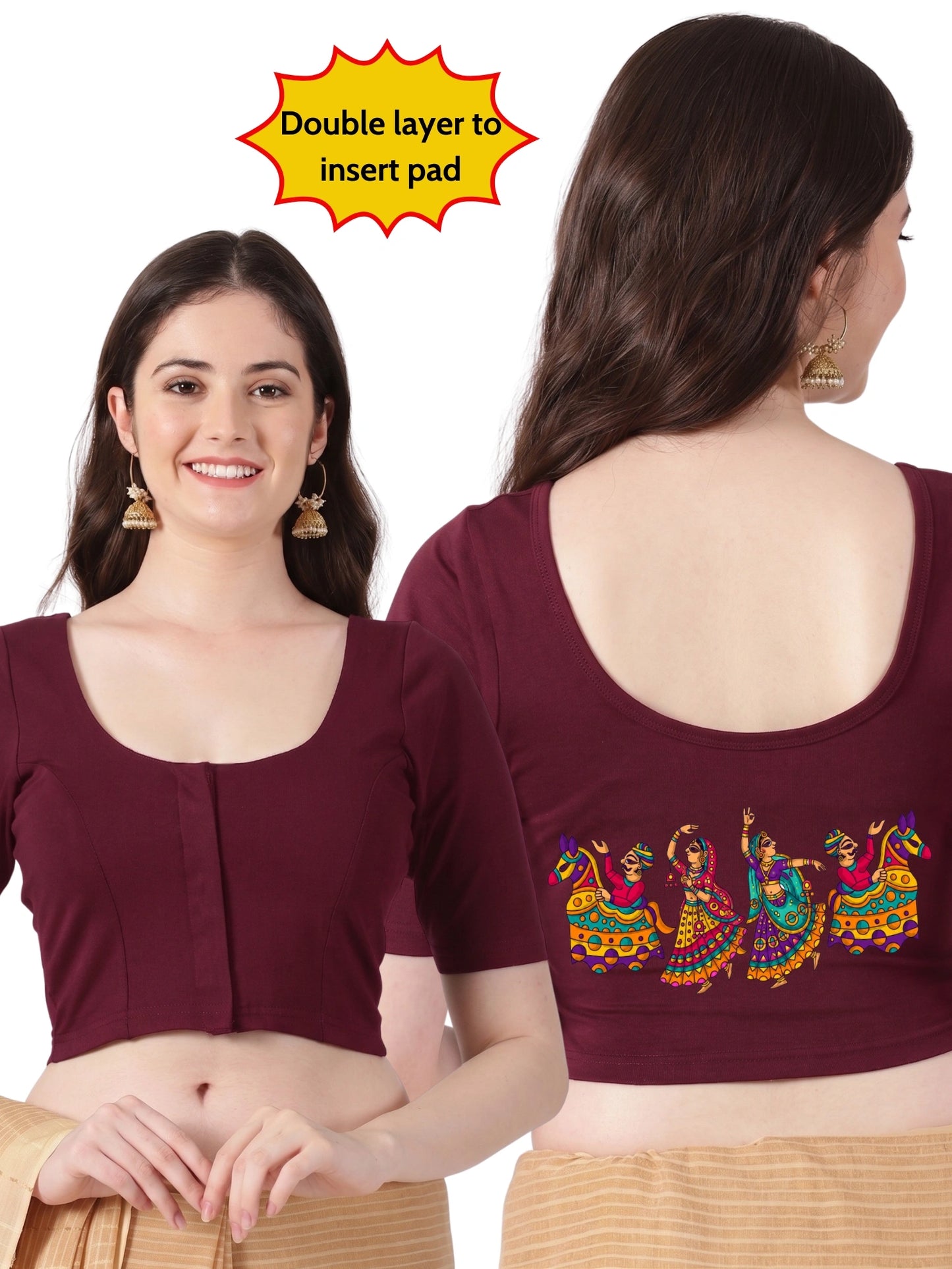 Women Front Open Back Printed Stretchable Half Sleeve Blouse U0260 Maroon