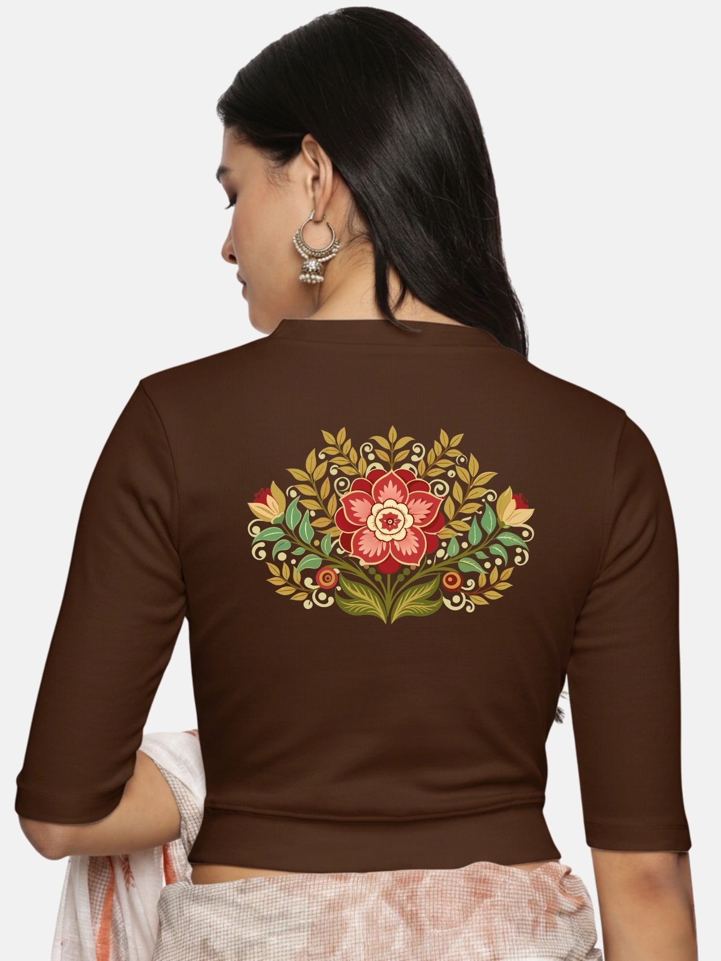 Women Back Printed Stretchable Elbow Sleeve RIB Blouse U0120 - notyetbyus