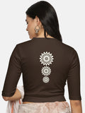 Women Back Printed Stretchable Elbow Sleeve RIB Blouse U0170 Coffee Brown