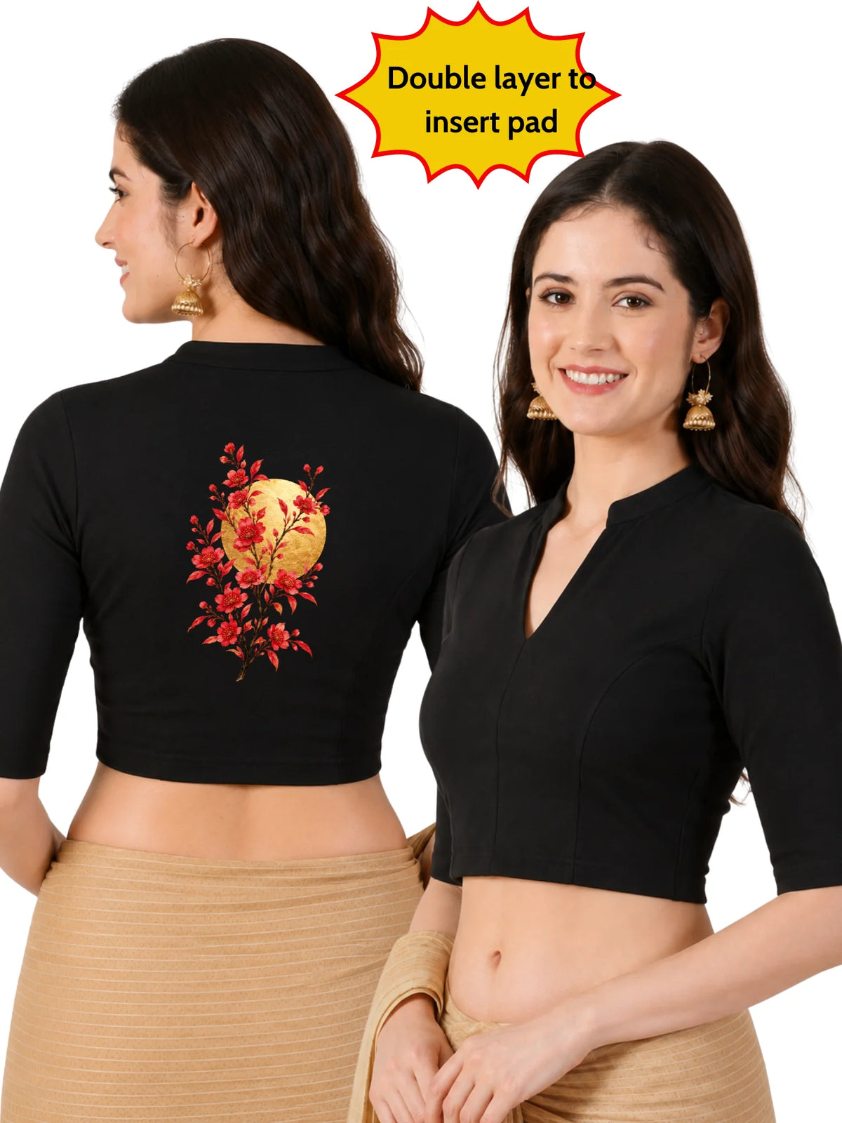 Women Mandarin Collar Back Gold Printed Stretchable Elbow Sleeve Blouse M0278 Black