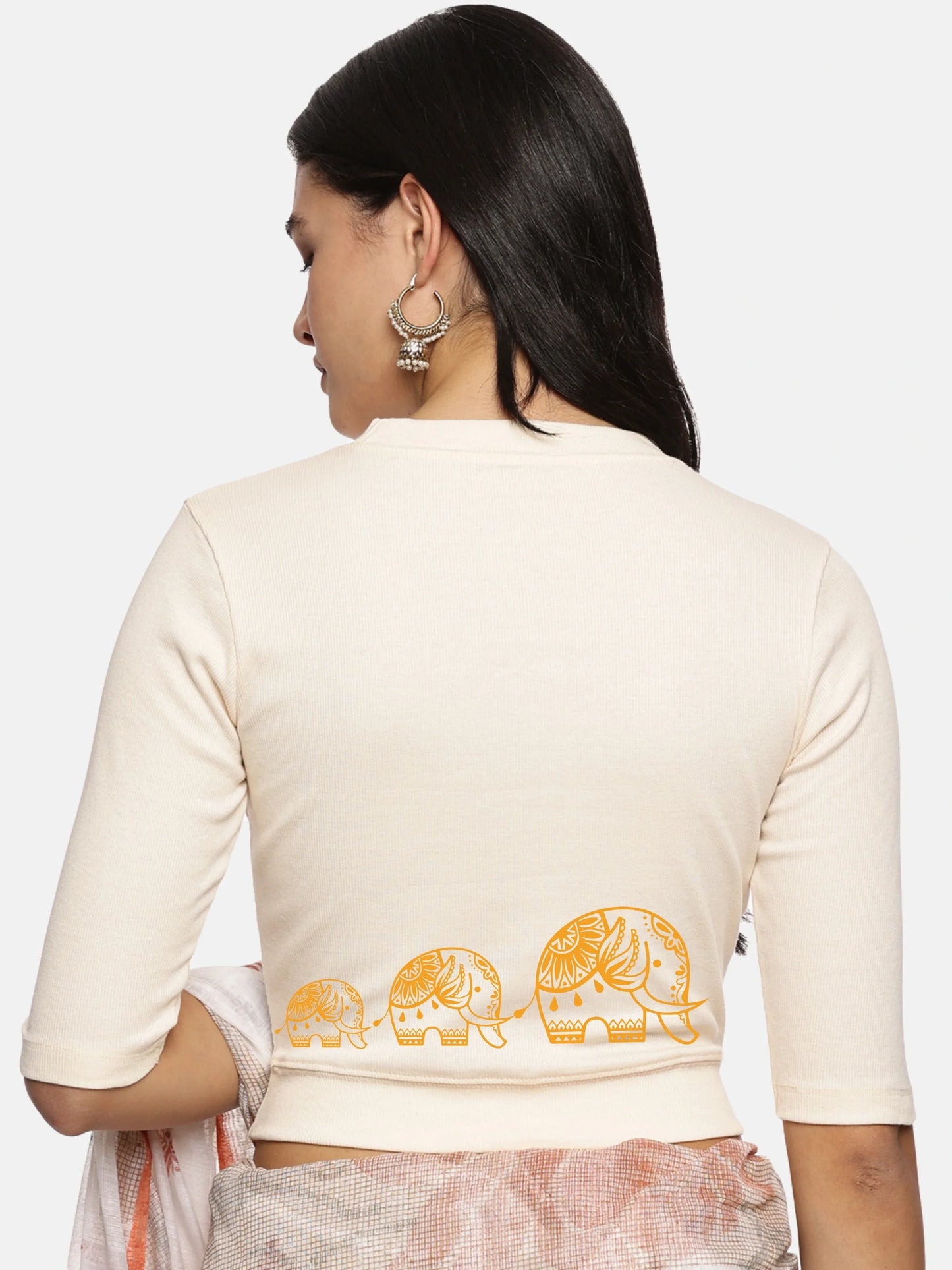 Women Back Printed Stretchable Elbow Sleeve RIB Blouse U0148 - notyetbyus