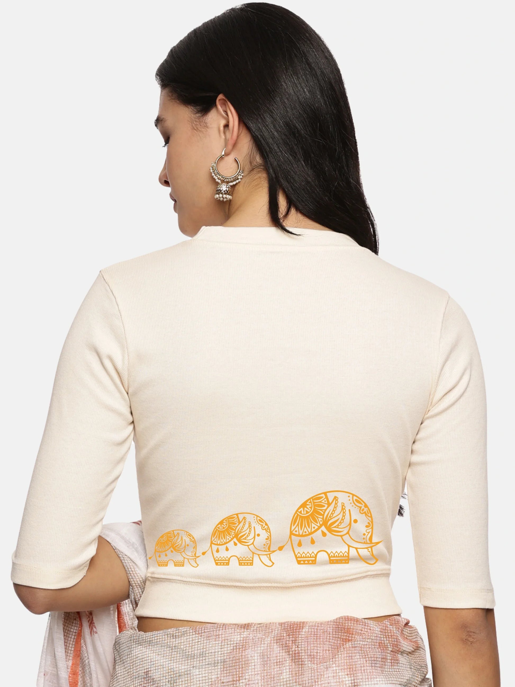 Women Back Printed Stretchable Elbow Sleeve RIB Blouse U0148 - notyetbyus