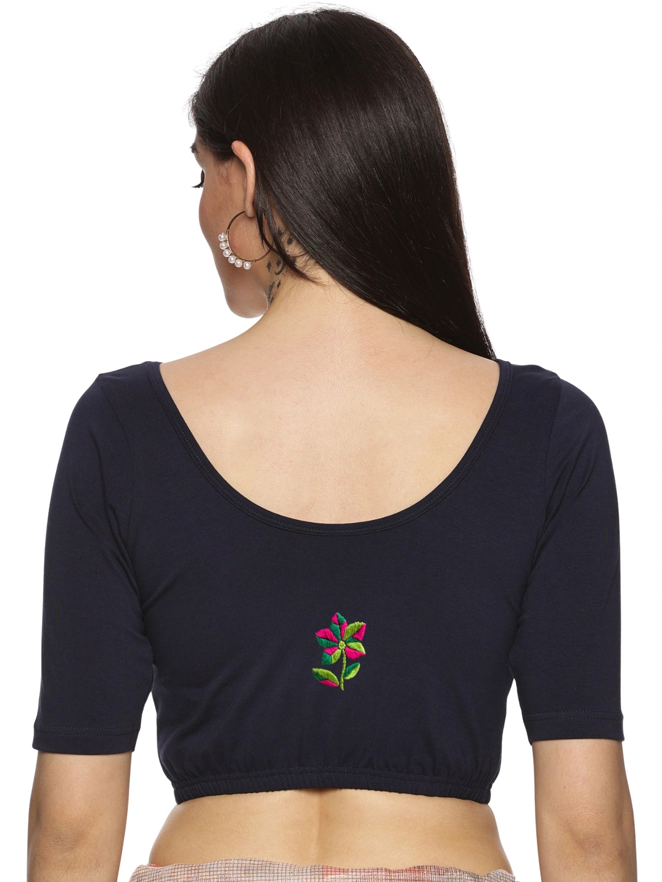 DIY Embroidery Kit with Women Stretchable Half Sleeve Blouse E03 – Navy