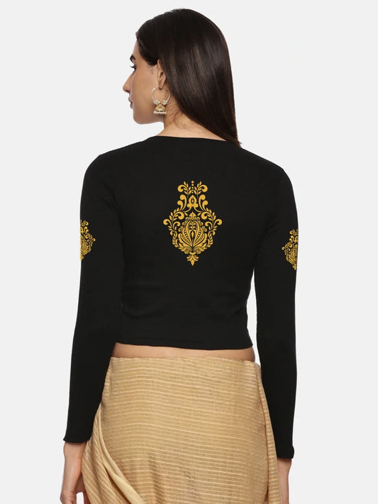 Women Back Printed Stretchable Full Sleeve V Neck RIB Blouse U0189 - notyetbyus