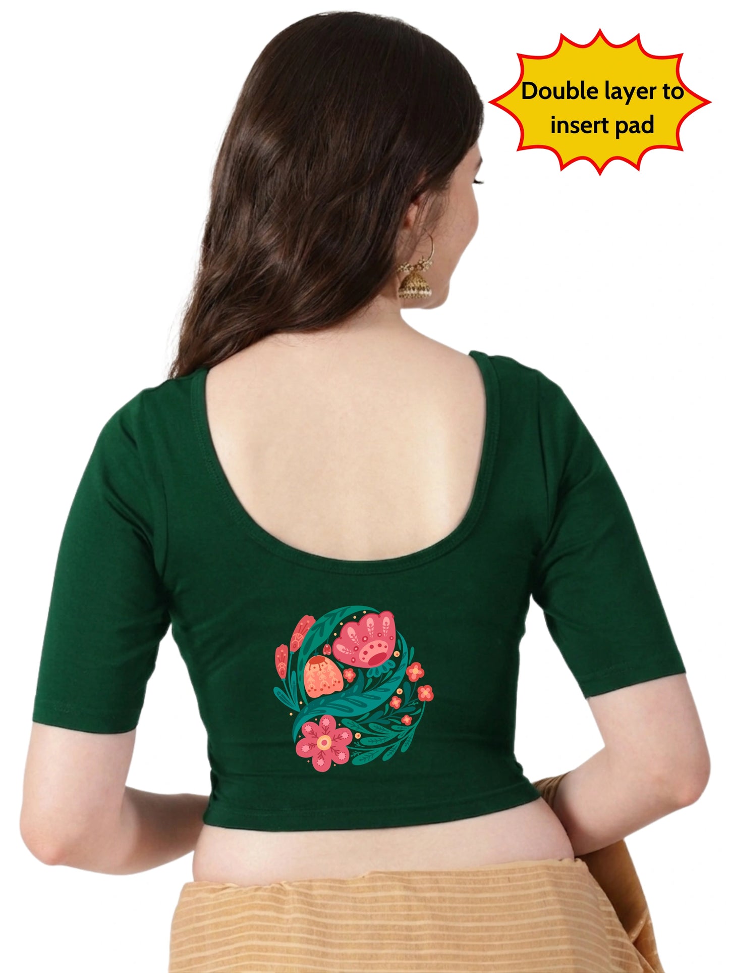 Women Front Open Back Printed Stretchable Half Sleeve Blouse U0265 Bottle Green