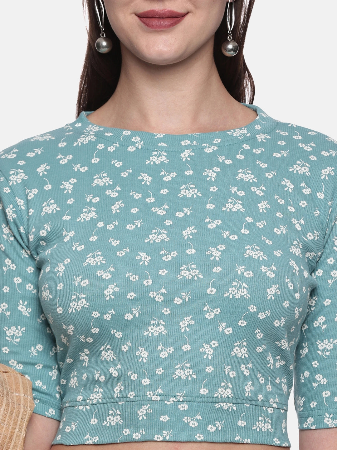 Women Allover Printed Stretchable Elbow Sleeve RIB Blouse UA019 - notyetbyus