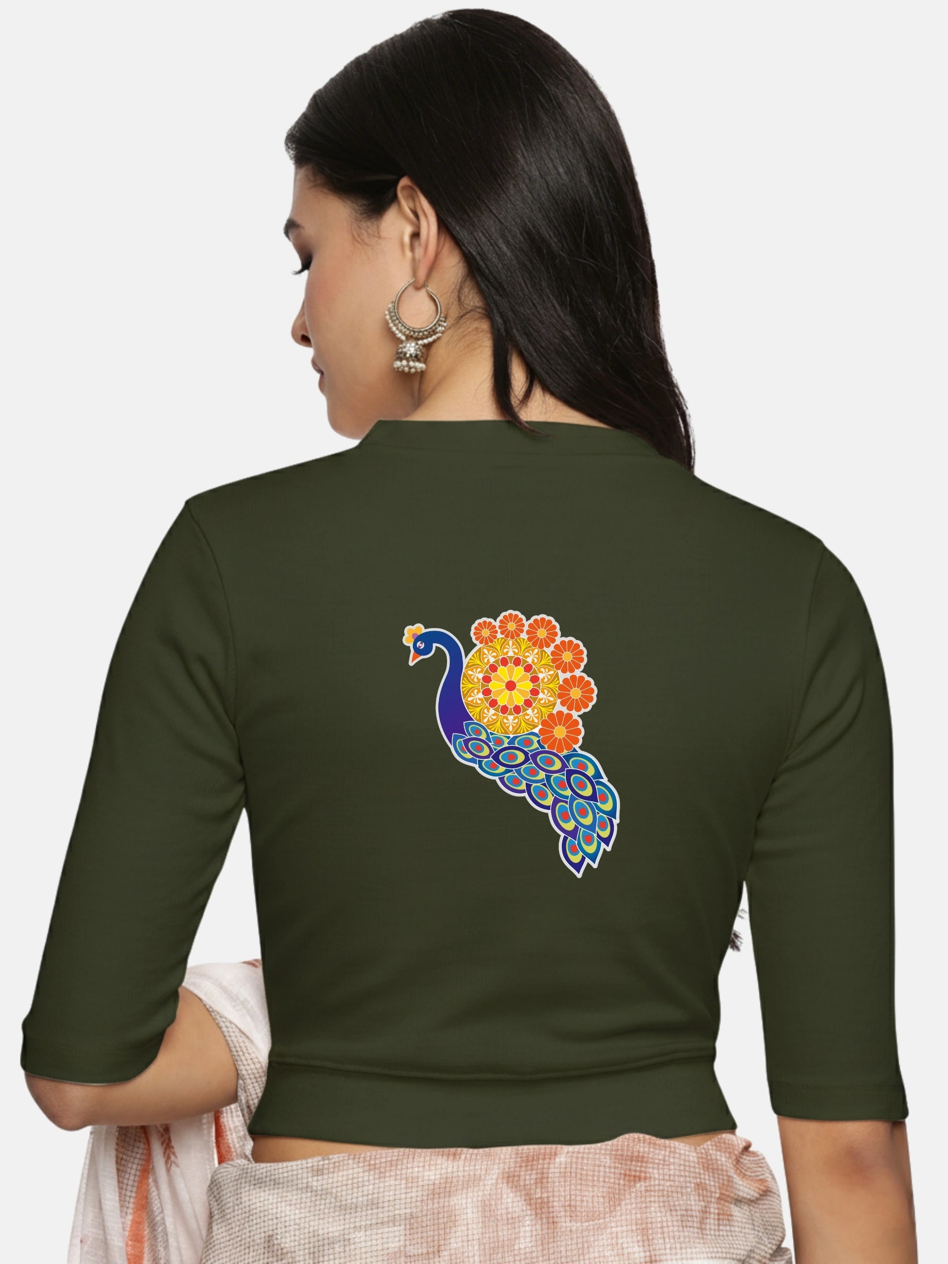 Women Back Printed Stretchable Elbow Sleeve RIB Blouse U0146 - notyetbyus