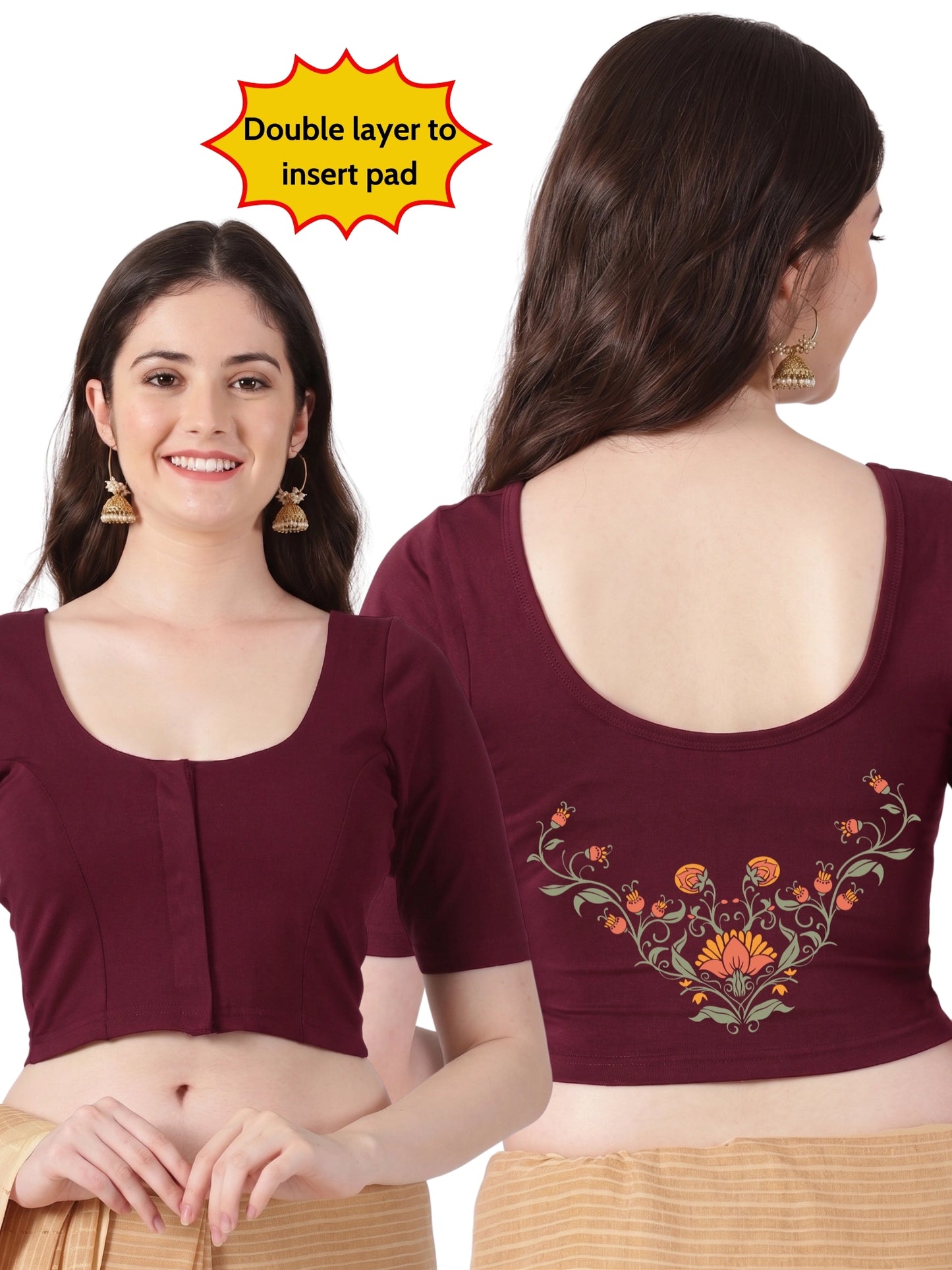 Women Front Open Back Printed Stretchable Half Sleeve Blouse U0264 Maroon