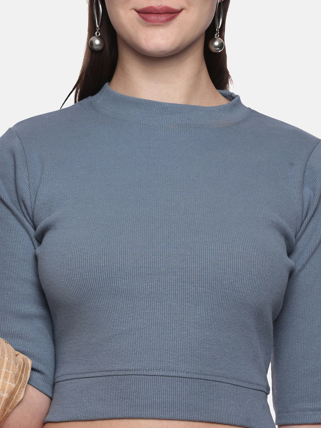 Women Plain Stretchable Elbow Sleeve RIB Blouse U0121 Elephant Grey