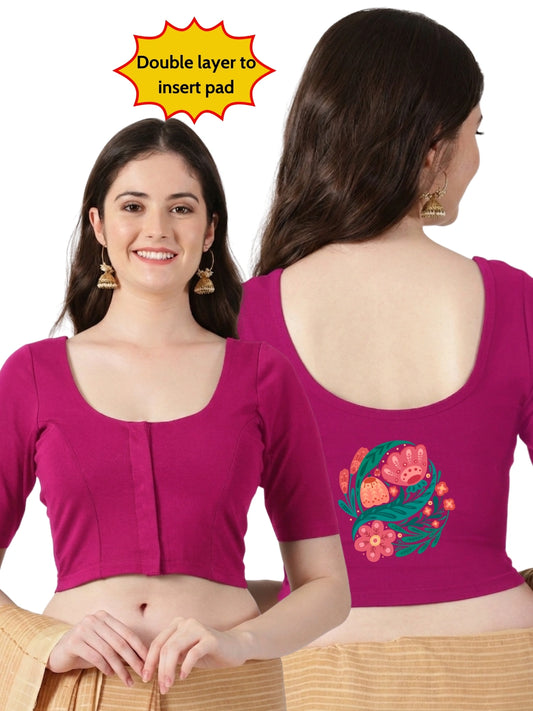 Women Front Open Back Printed Stretchable Half Sleeve Blouse U0265 Rani Pink