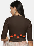 Women Back Printed Stretchable Elbow Sleeve RIB Blouse U0147 Coffee Brown