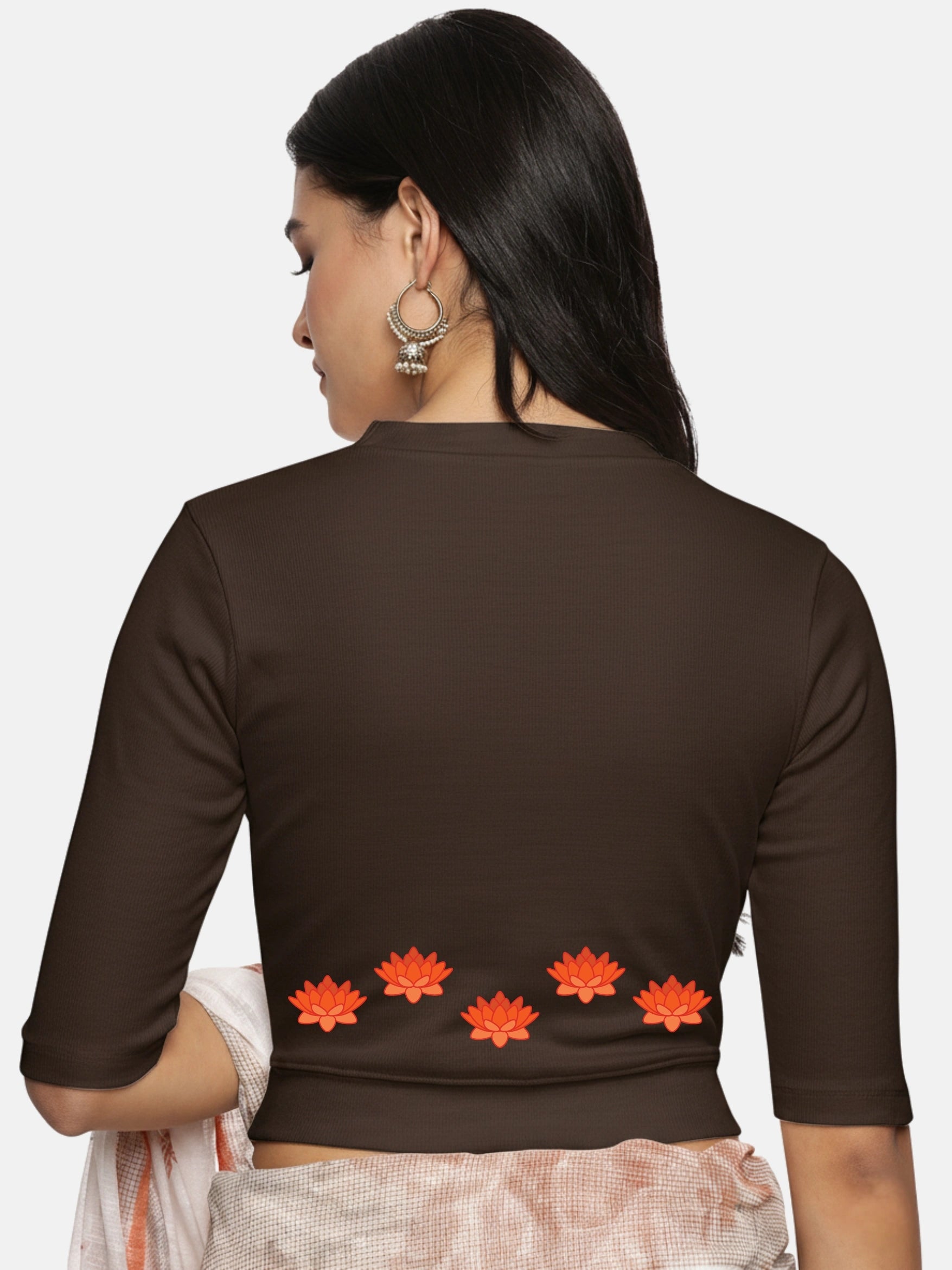 Women Back Printed Stretchable Elbow Sleeve RIB Blouse U0147 - notyetbyus