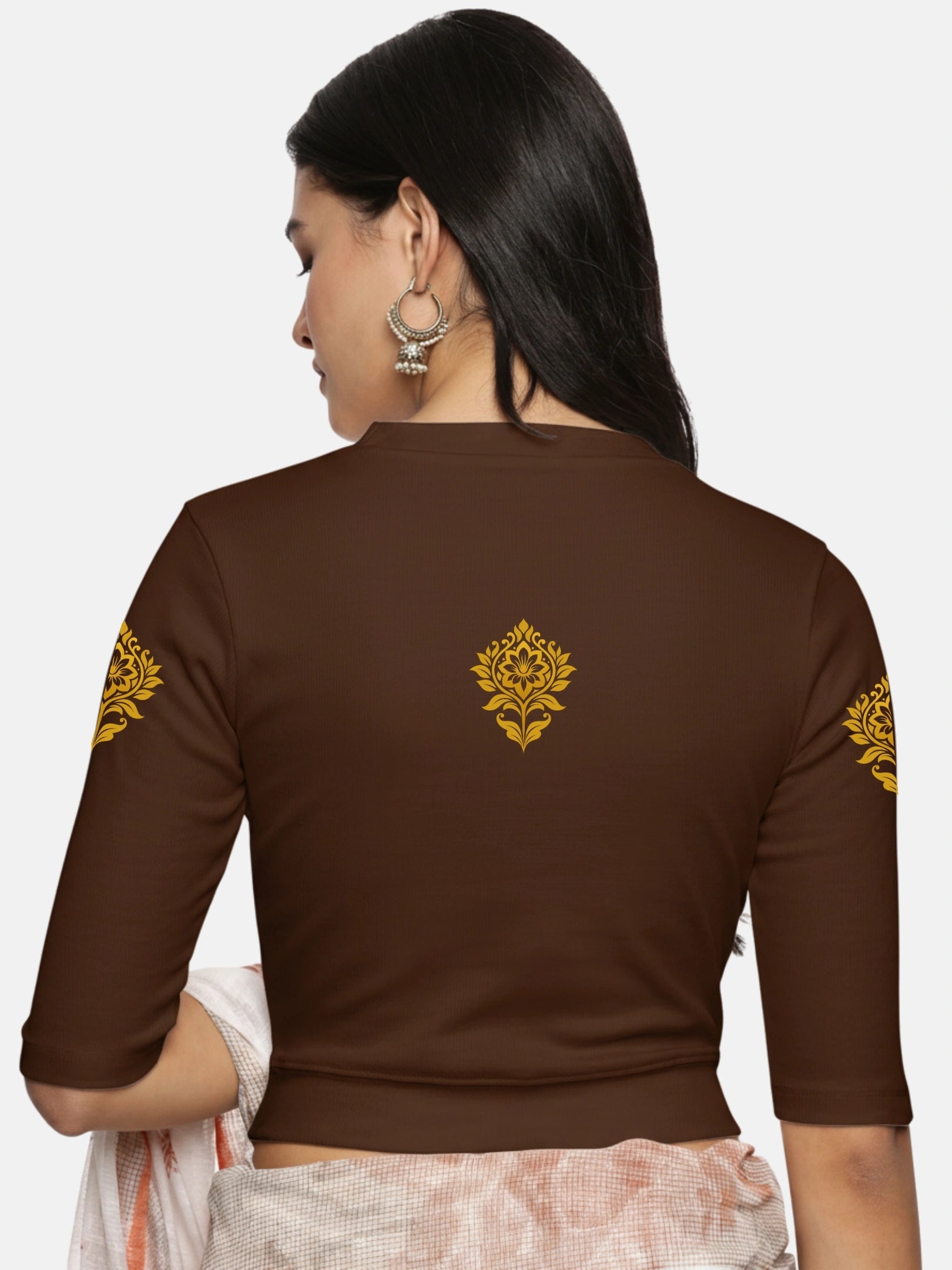 Women Back Printed Stretchable Elbow Sleeve RIB Blouse U0116 - notyetbyus