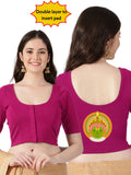 Women Front Open Back Printed Stretchable Half Sleeve Blouse U0263 Rani Pink