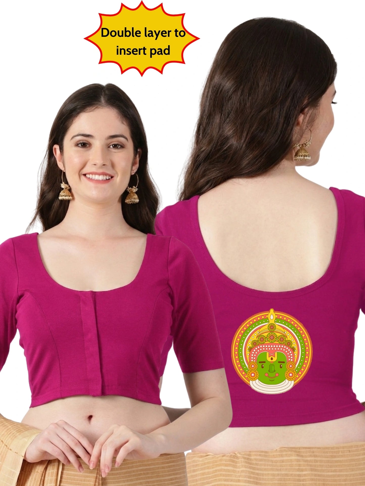 Women Front Open Back Printed Stretchable Half Sleeve Blouse U0263 Rani Pink