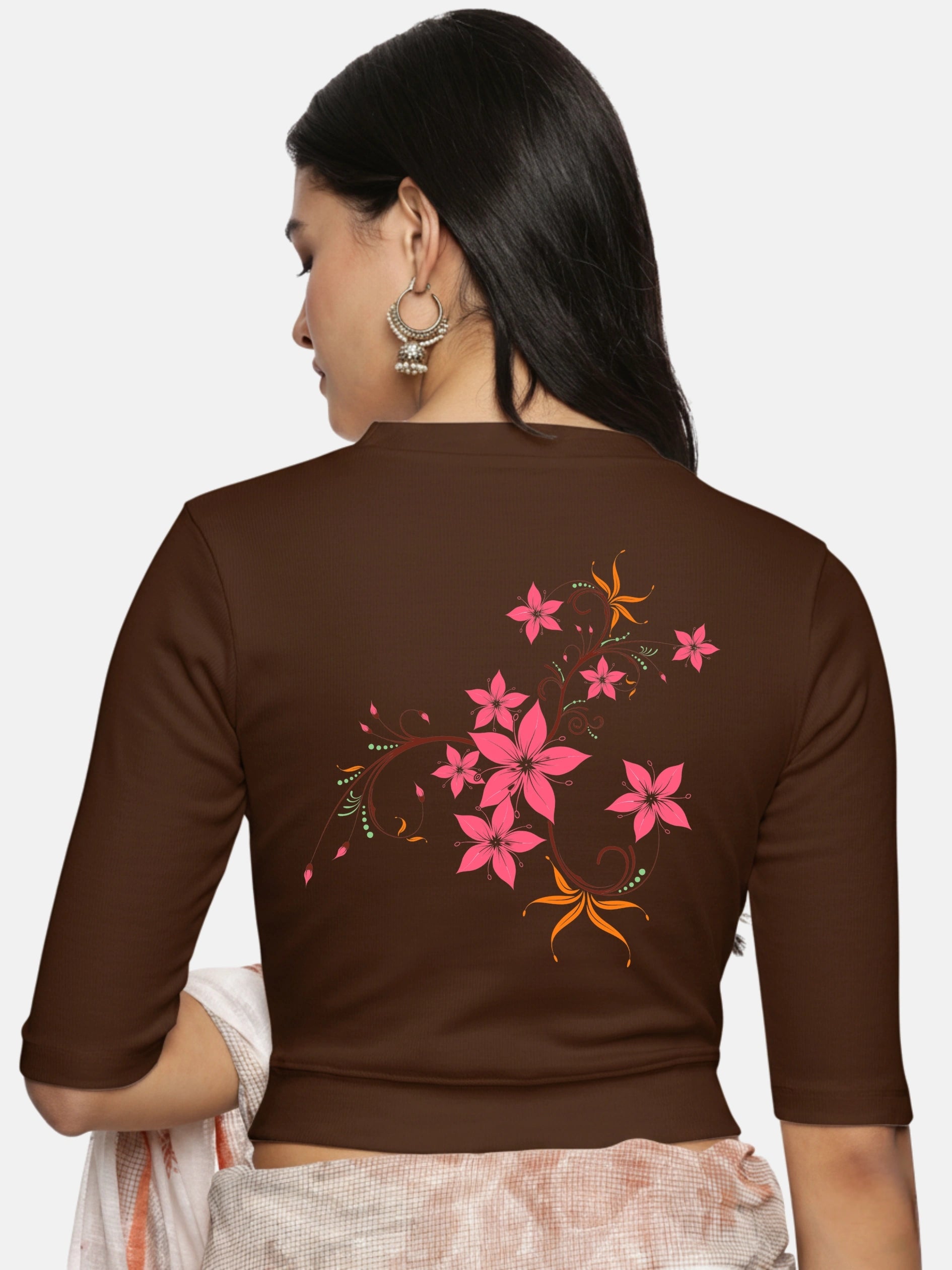 Women Back Printed Stretchable Elbow Sleeve RIB Blouse U0113 - notyetbyus