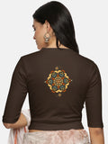 Women Back Printed Stretchable Elbow Sleeve RIB Blouse U0167 Coffee Brown